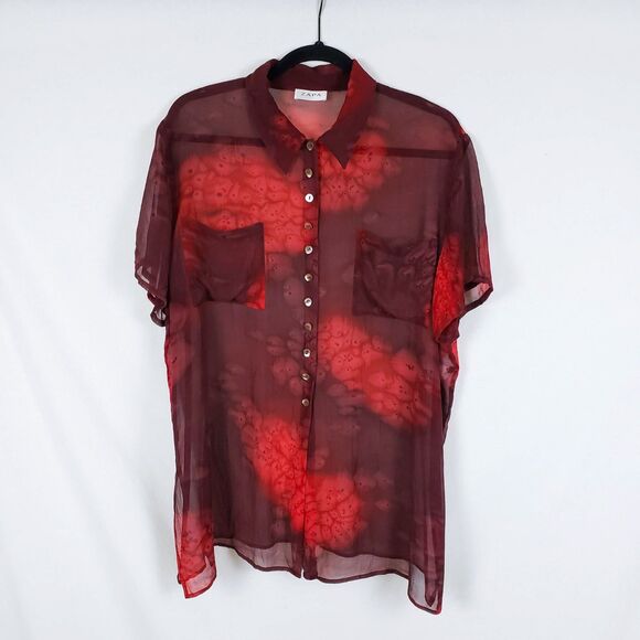 ZAPA Burgundy Sheer Button Up Blouse Womens Large? Artsy Whimsigoth Indie - Picture 9 of 9
